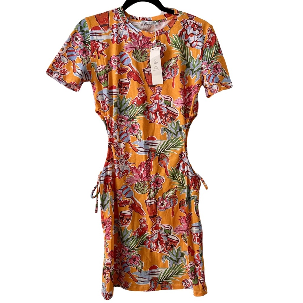 Zara Cut Out Tropical Floral Printed Summer Jersey T-Shirt Mini Dress NWT Small - Picture 2 of 12